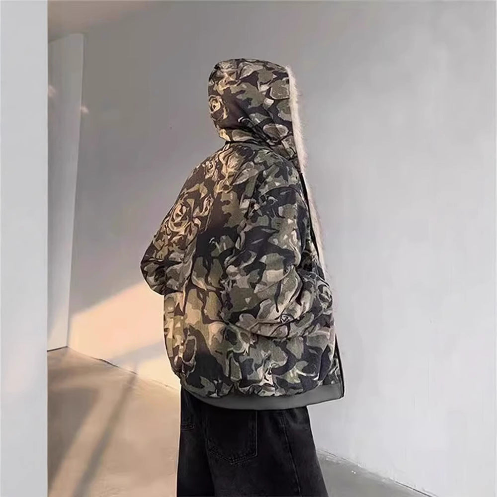 Retro Camouflage Hooded Fur Collar Thick Jacket