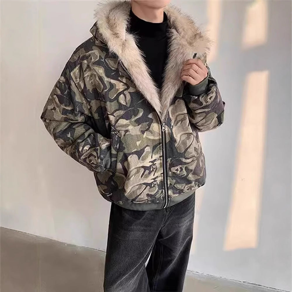 Retro Camouflage Hooded Fur Collar Thick Jacket