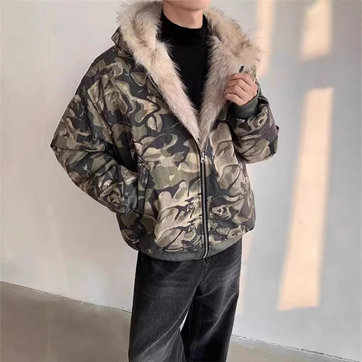 Retro Camouflage Hooded Fur Collar Thick Jacket