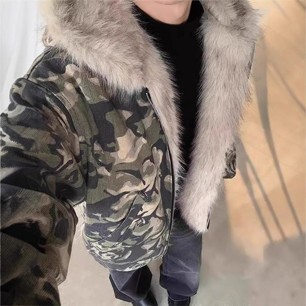 Retro Camouflage Hooded Fur Collar Thick Jacket