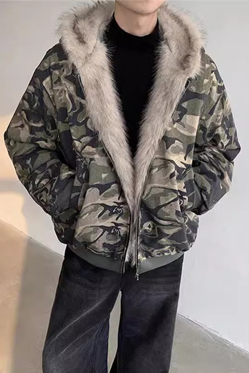 Retro Camouflage Hooded Fur Collar Thick Jacket