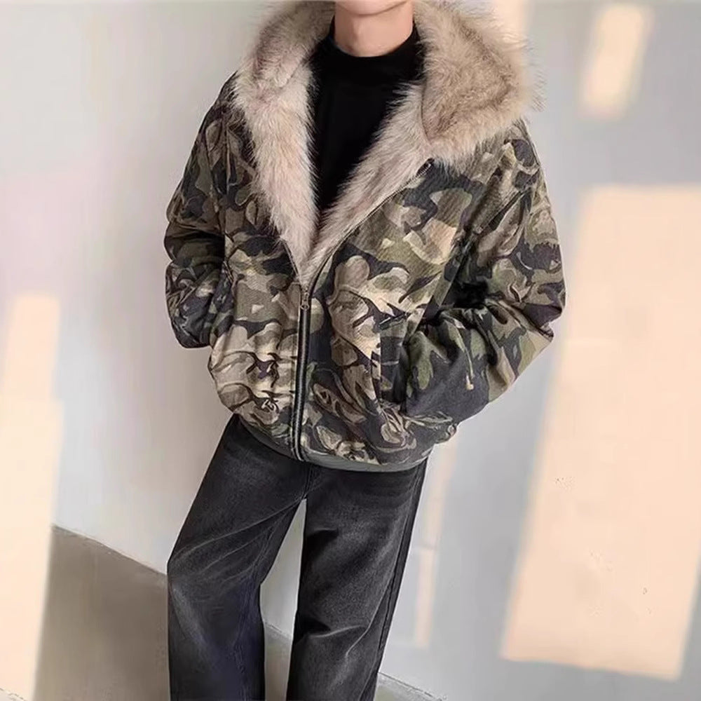 Retro Camouflage Hooded Fur Collar Thick Jacket