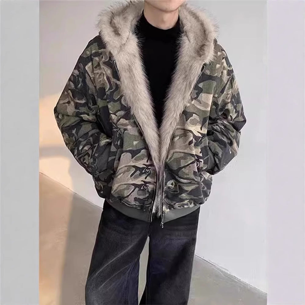 Retro Camouflage Hooded Fur Collar Thick Jacket